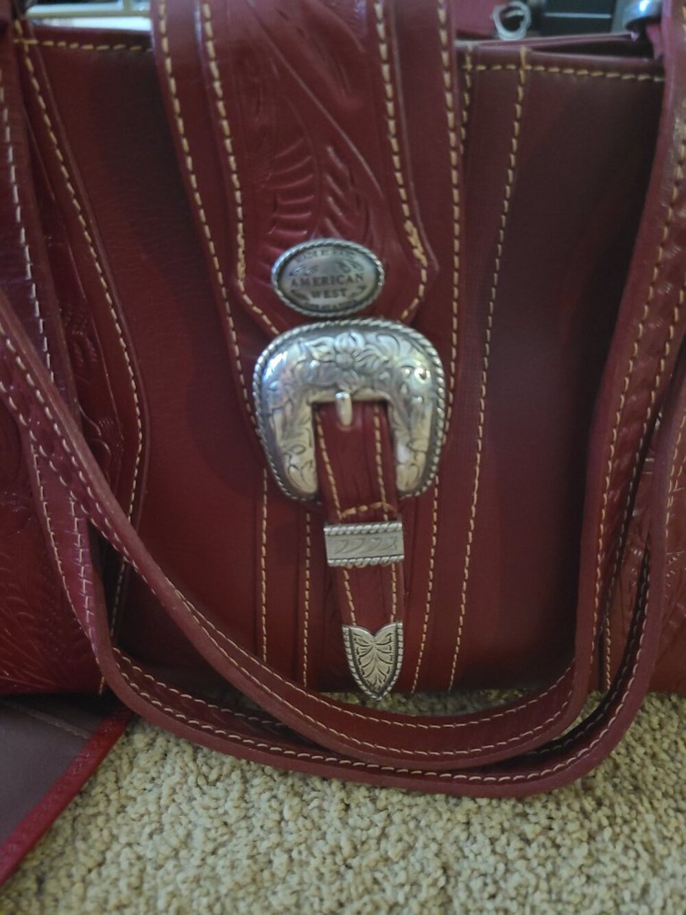 American West Hand Tooled Red Leather Satchel Shoulder Bag & Wallet Set - Picture 4 of 6